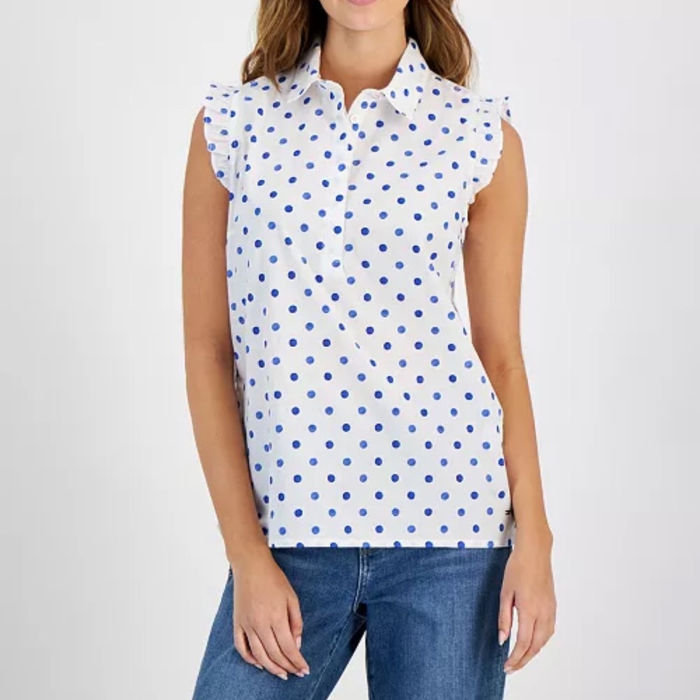 Tommy Hilfiger Cotton Dot-Print Ruffled-Trim Top White/blue dots Size M